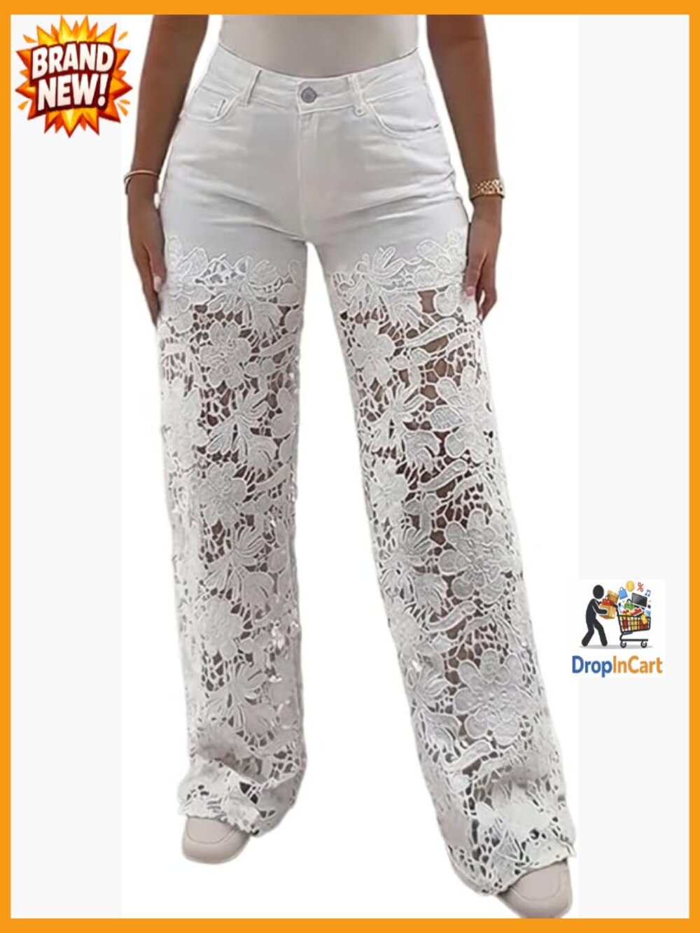 High Waist Wide Leg Jeans Lace Spliced Stretchy Baggy Denim Pants with Pockets